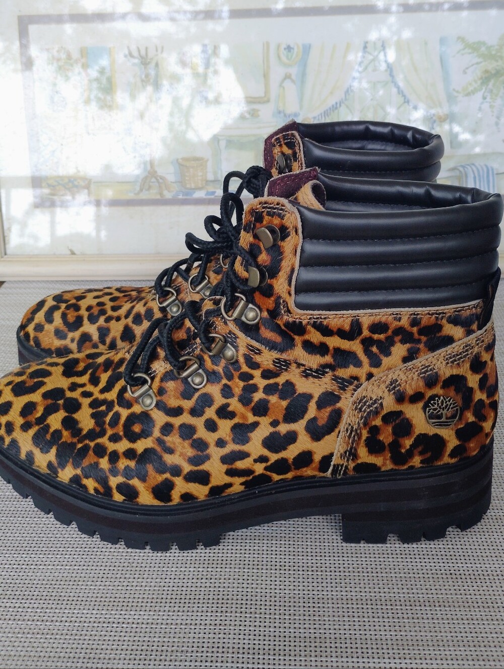 Timberland "London Square" Calf-Hair Leopard-Print Mid Hiker Boots. Size 8.5.